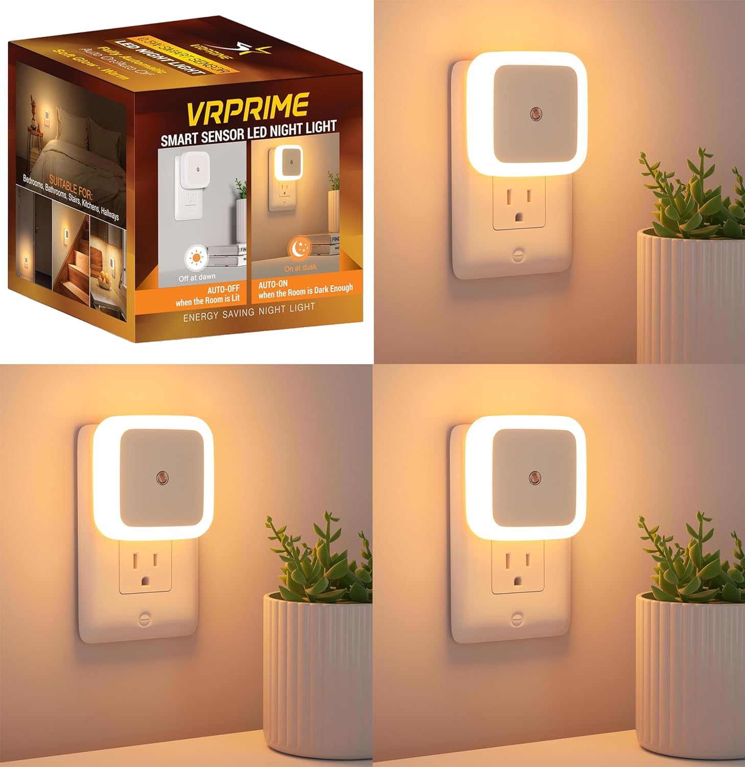 VR PRIME 3pc Night Lamp Sensor Light for Bedroom Bed Side Home | Smart Automatic ON/Off Dim LED Lights | Energy Saving 0.5W Lamp | Long Life for Hallway, Stairs, Kitchen, Bathroom (Warm) (Pack of 3)